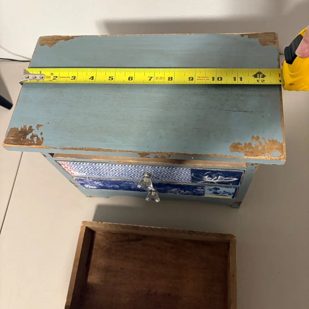 Shabby Chic Blue Distressed Mini Chest 3 Drawers Patchwork Fabric Jewelry Box